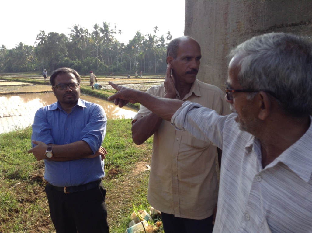 Three men in discussion at a paddy field site, one pointing toward the fields, with workers visible in the distance