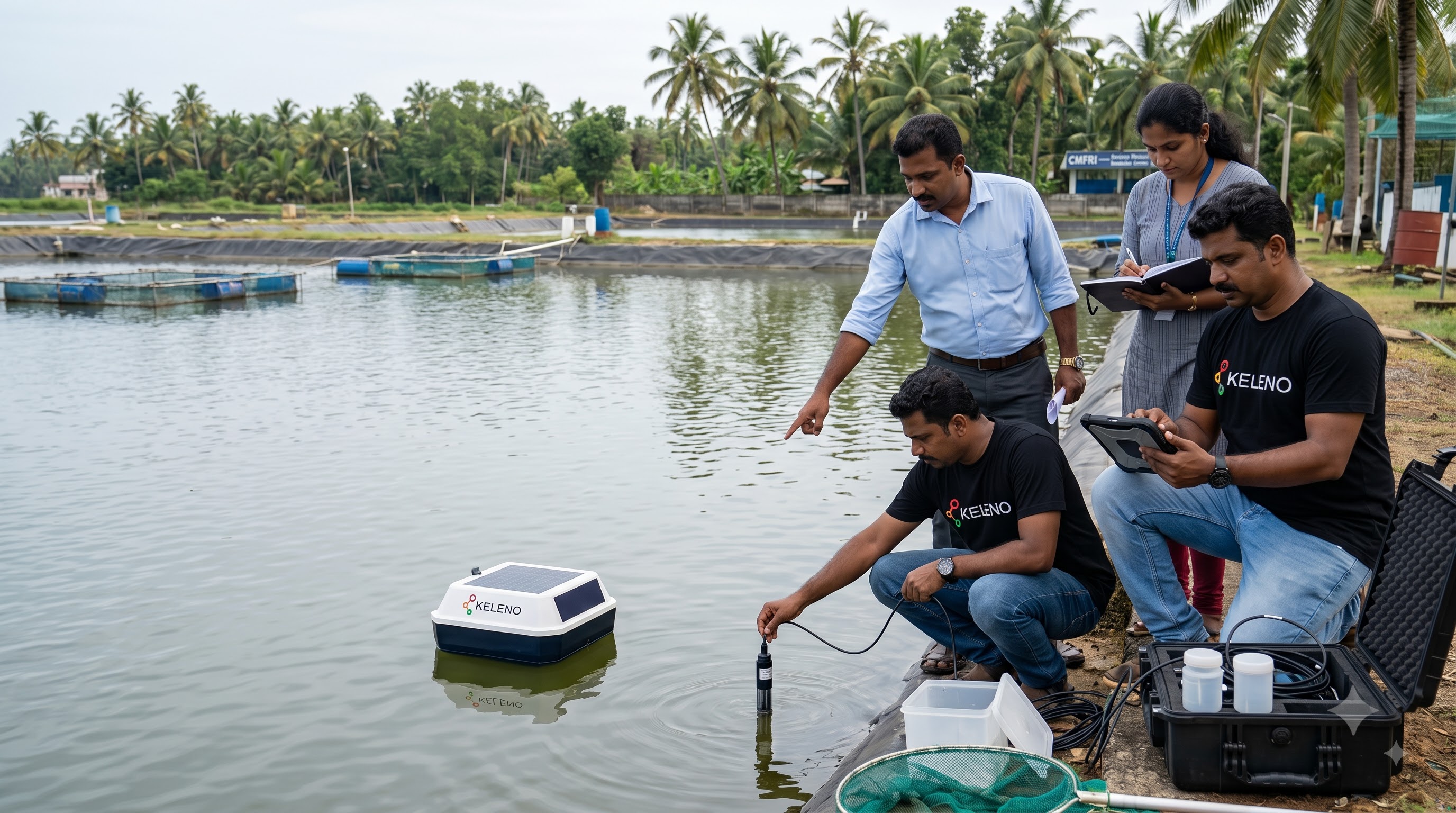 Keleno engineers and CMFRI fisheries scientists examining water-quality data from an AquaSense buoy in a pond