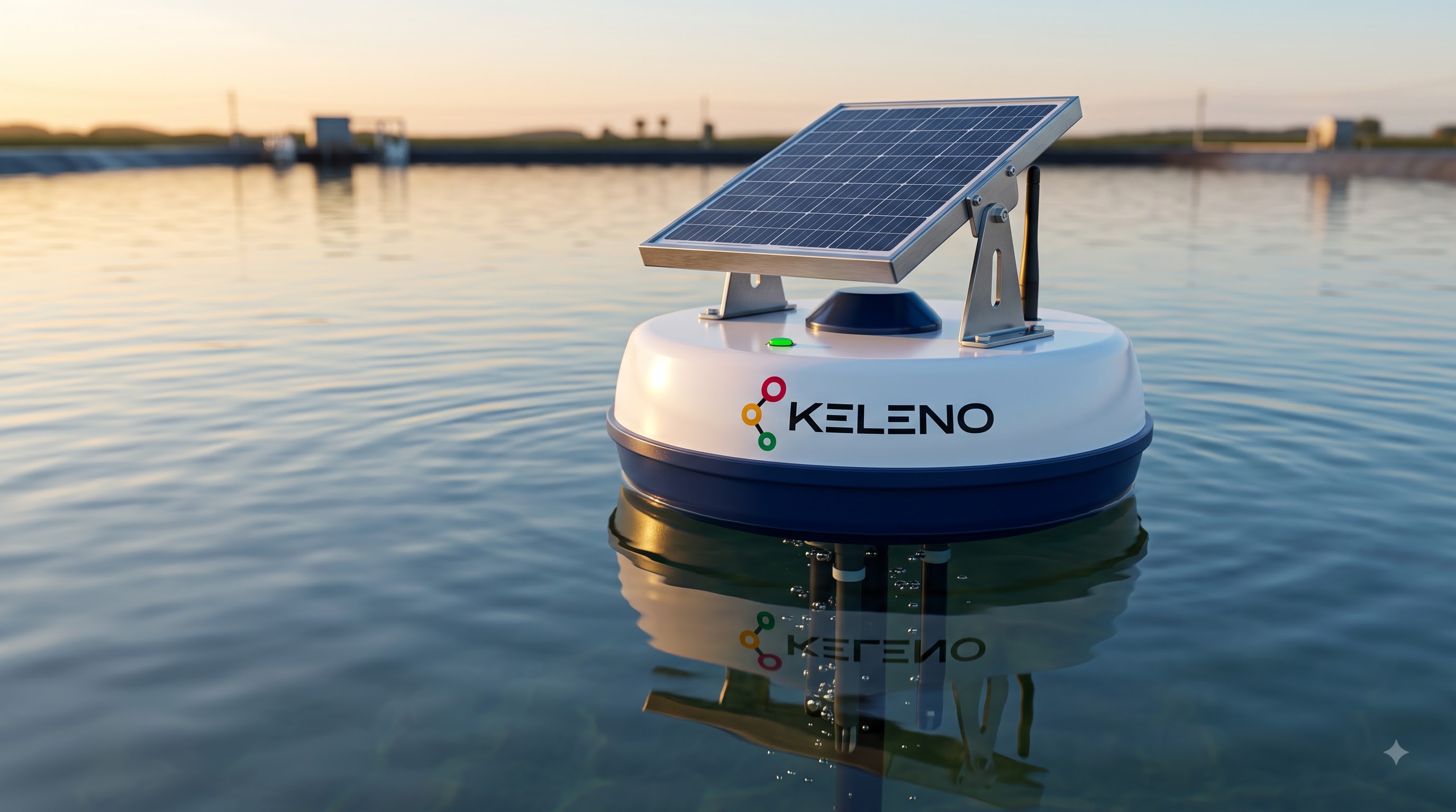 A solar-powered Keleno AquaSense smart buoy floating in a Kerala aquaculture pond