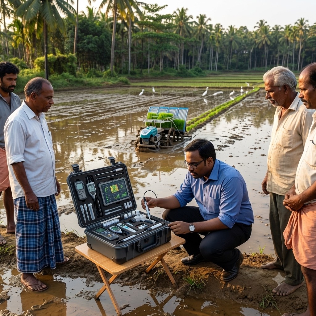 An agronomist demonstrating the portable AgriSense diagnostics kit, open on a table beside a paddy field, with farmers gathered around watching