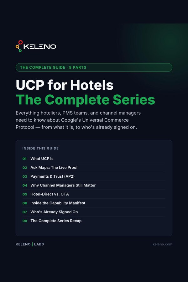 Cover art for UCP for Hotels: The Complete Series, an 8-part guide to Google's Universal Commerce Protocol